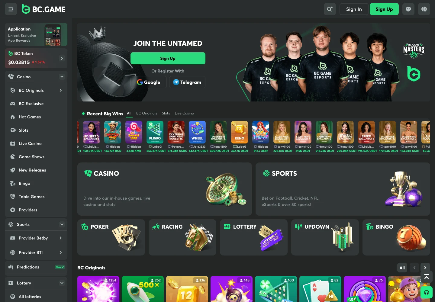 The BC.Game lobby: an esports sponsorship banner, recent big wins, casino and sports tiles, and poker, racing, lottery and bingo sections.
