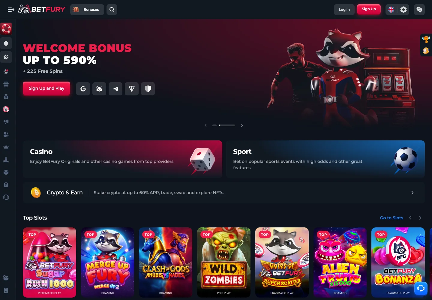 The BetFury lobby: a dark interface with a red welcome bonus banner offering up to 590 percent and 225 free spins, casino and sport tiles, and a row of top slots.