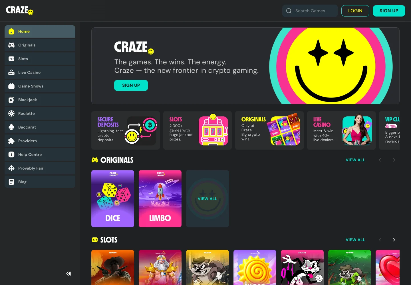 The Craze lobby: yellow smiley branding, category menu, originals such as Dice and Limbo, and a slots row.