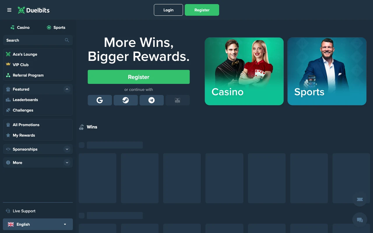 The Duelbits homepage: a dark blue interface with Ace's Lounge and VIP Club links, a register panel, and casino and sports tiles.