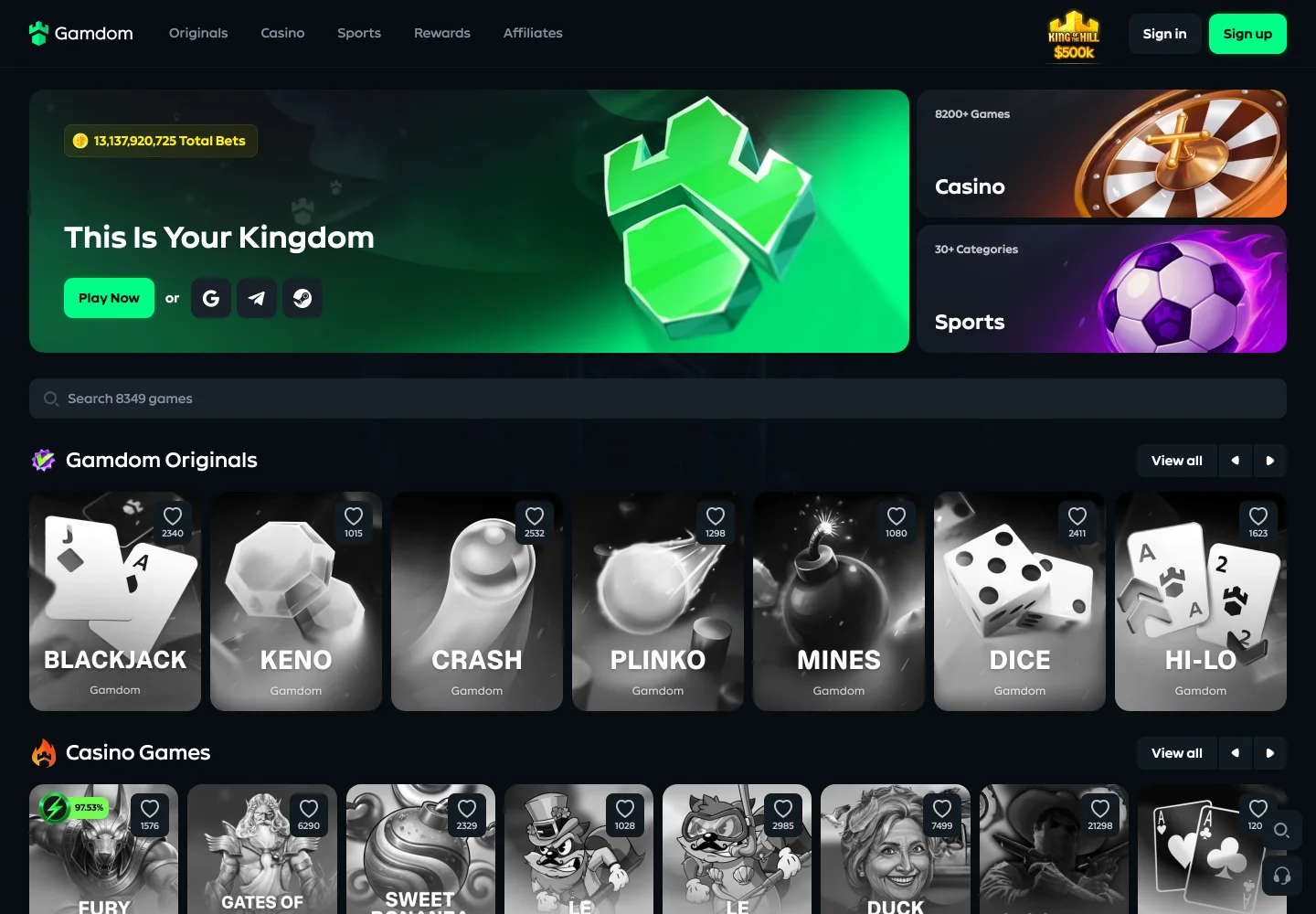 The Gamdom lobby: a dark navy interface with a green hero banner, casino and sports tiles, and a row of Gamdom Originals including Blackjack, Keno, Crash and Plinko.