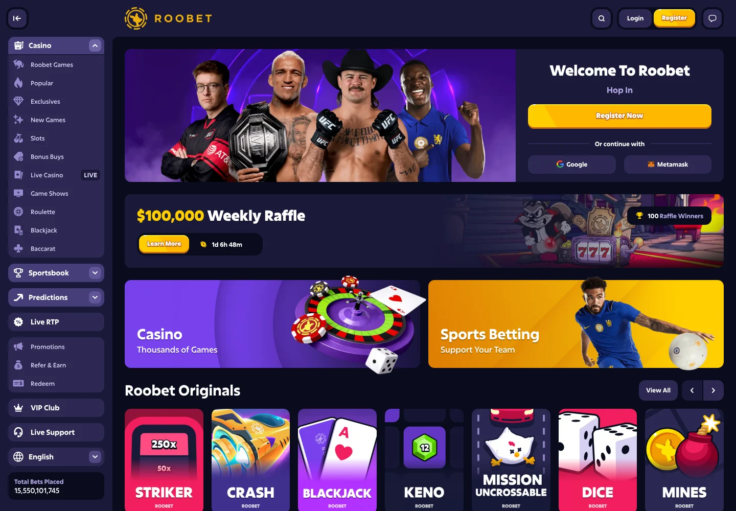 The Roobet lobby: a sponsor banner, the weekly raffle, casino and sports tiles, and the Roobet Originals row.
