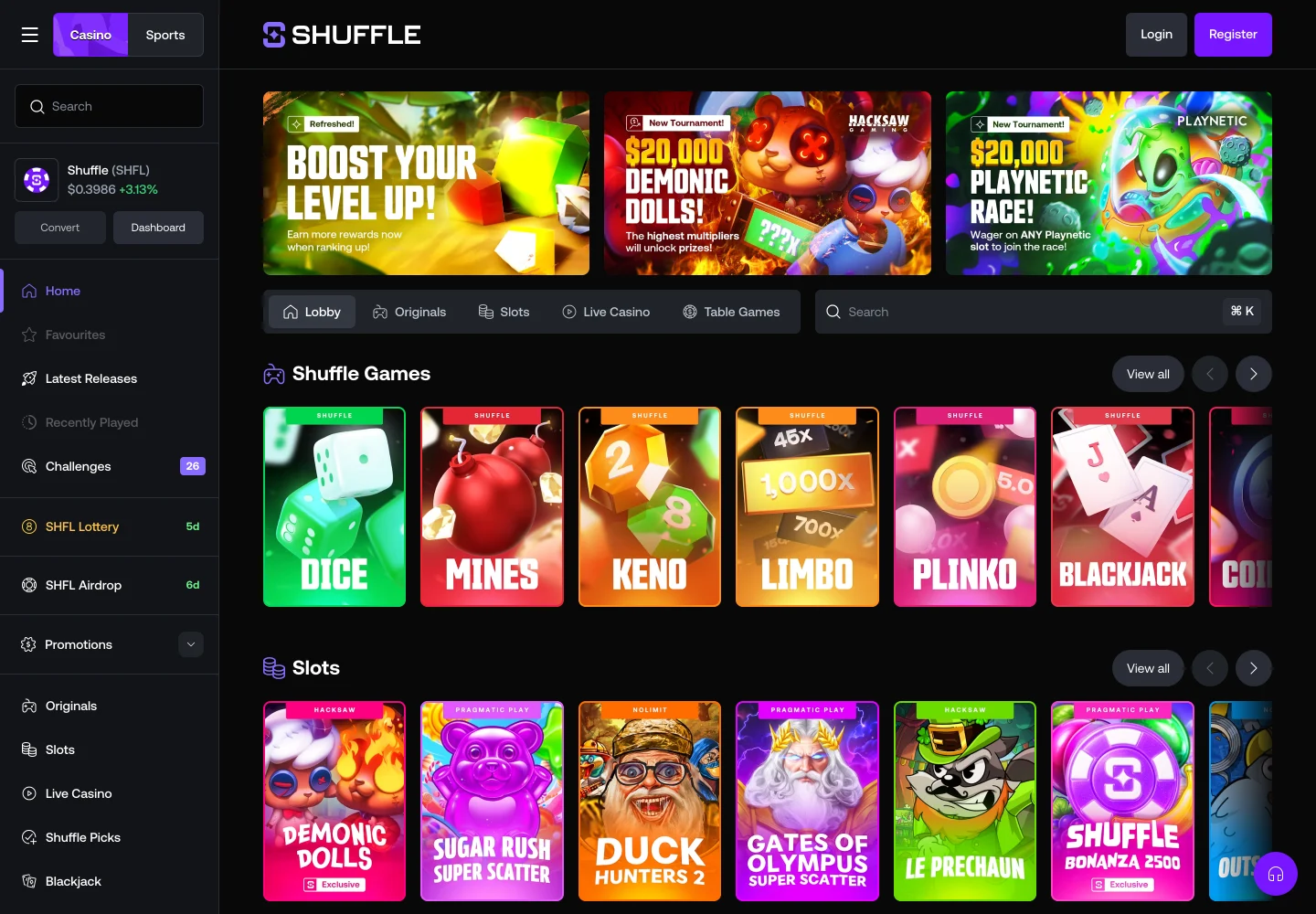 The Shuffle lobby: tournament banners, the Shuffle Games row with Dice, Mines, Keno, Limbo, Plinko and Blackjack, and a slots row.