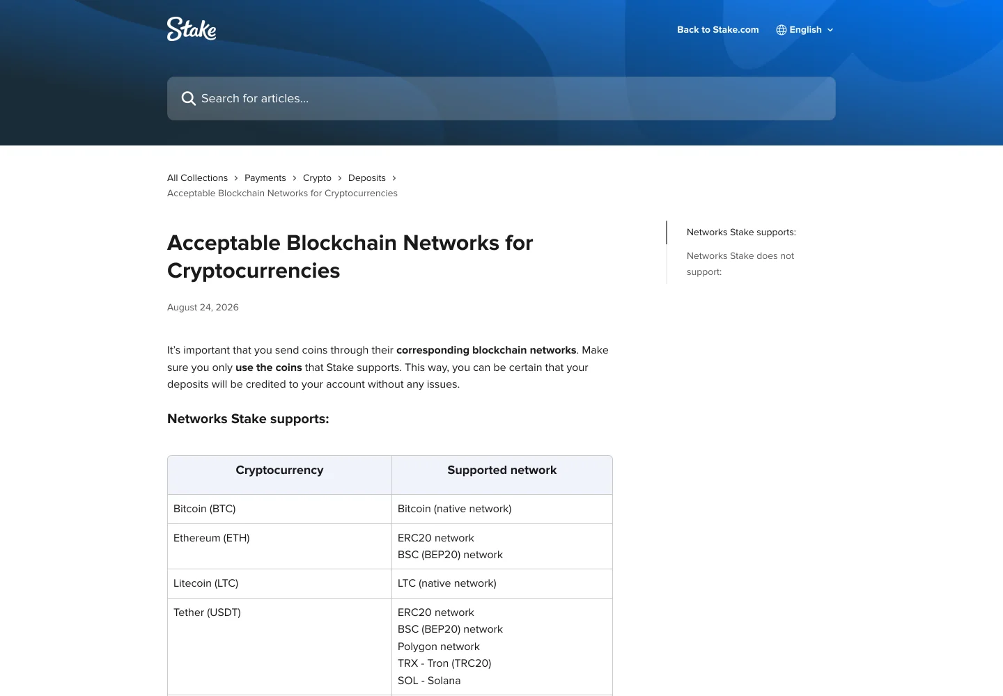 Stake's help centre article on acceptable blockchain networks, showing the table of cryptocurrencies and the networks Stake supports for each.
