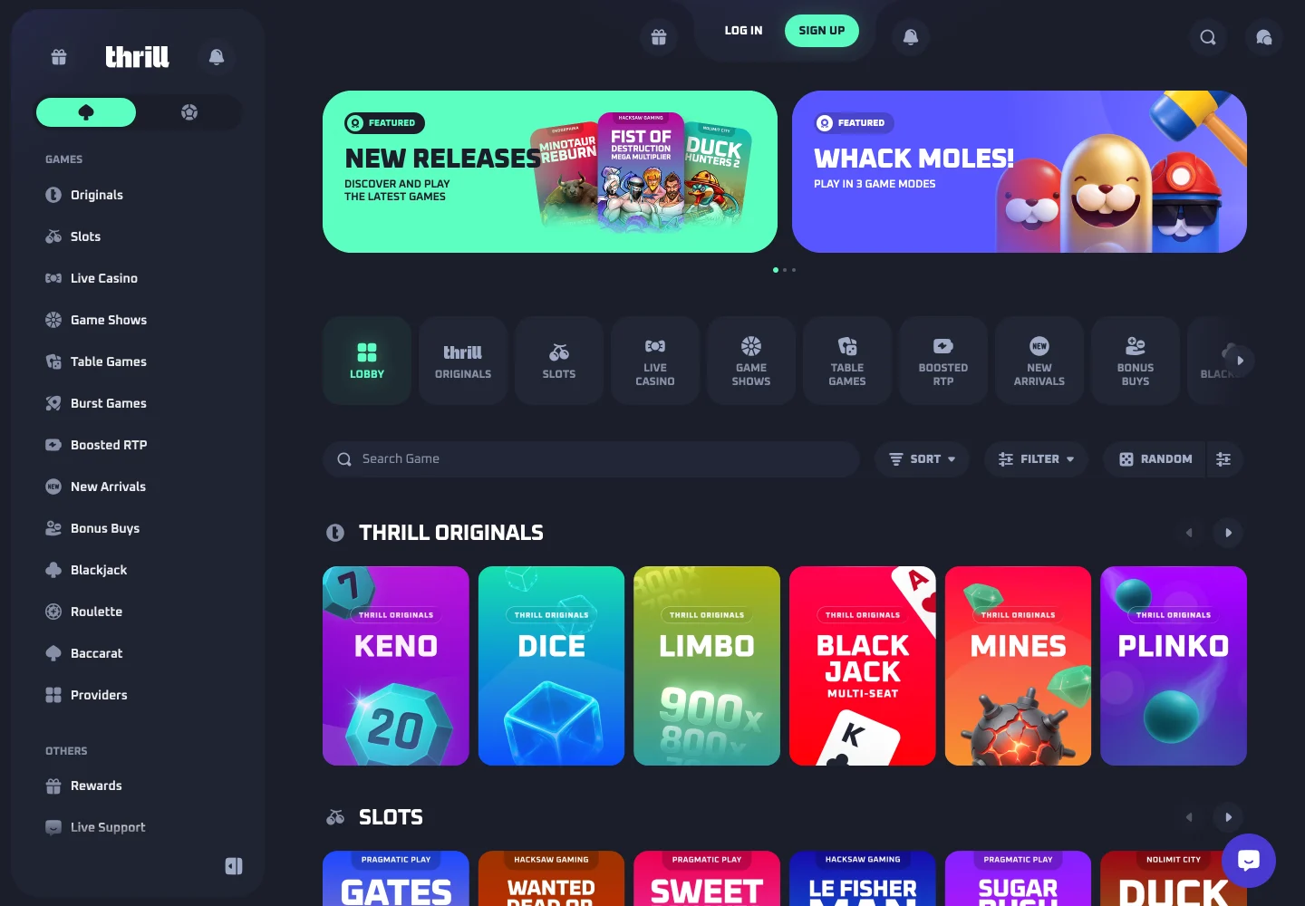 The Thrill lobby: featured banners, category tiles and the Thrill Originals row with Keno, Dice, Limbo, Blackjack, Mines and Plinko.